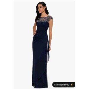 Xscape Navy Blue Long Evening Gown Beaded Illusion Neckline mother of Bride sz14